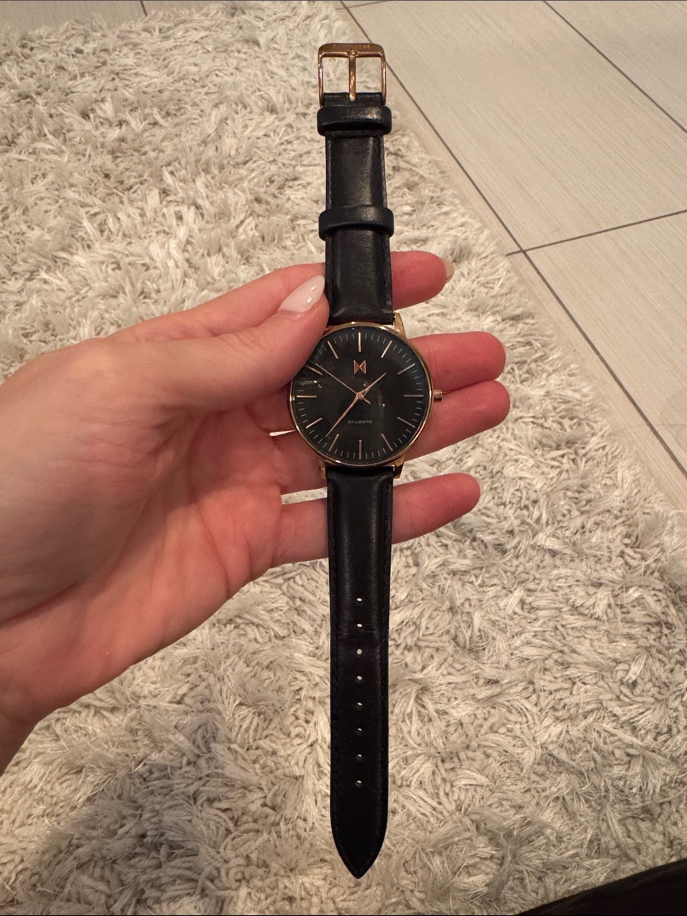 MVMT Black Leather Watch with Rose Gold Case